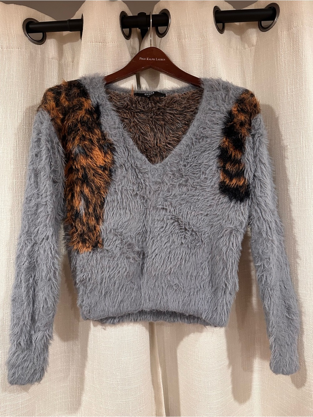 Guess Fuzzy V-Neck Sweater in Gray with Brown and Black Accent Panels